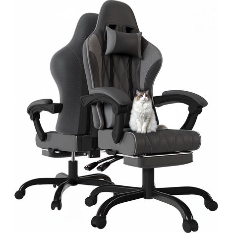 Chaise de Gaming en Tissu avec Repose-Pieds Extensible, Chaise de Bureau Ergonomique avec Massage, Hauteur réglable, Chaise Gamer avec Rembourrage à Ressorts, Capacité de Charge 150KG, Gris (1/5)