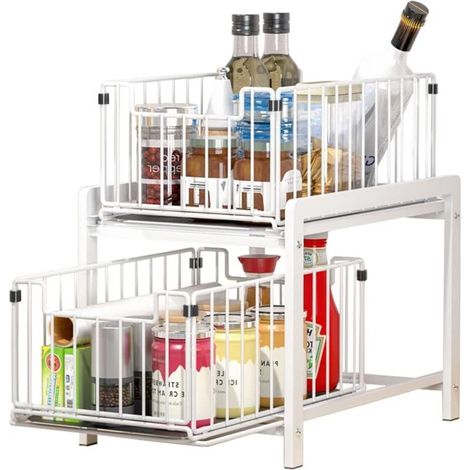 Étagère de rangement de cuisine à double niveau avec deux tiroirs, adaptée aux salles de bains, cuisines et bureaux (blanc). (1/5)