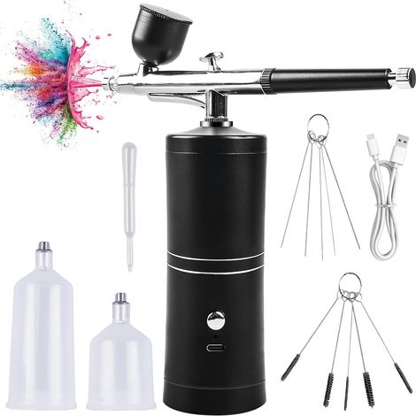 Airbrush Ongle, Sans Fil avec Compresseur Portable Mini Air Brush Rechargeable pour Maquillage Décoration Gâteau Tatouage Peinture Faciale et Air Brush Onglerie Professionnel Multifonctions, Noir (1/5)