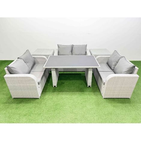 Fimous 6 Seater Patio Garden Furniture Sets with Black Glass Top Dining Table Love Sofa 2 Side Tables Light Grey (1/4)