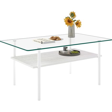Table basse moderne avec plateau en verre et étagère en MDF, table de salon avec structure en métal blanc, console rectangulaire à 2 niveaux de rangement, aspect bois blanc - H 45/L 98/P 58 cm (1/4)