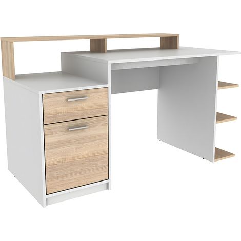 Vente-Unique – Bureau droit avec rangements – Longueur 138 cm, Hauteur 82.5 cm – Panneau de particule blanc et chêne – 1 tiroir et 3 étagères