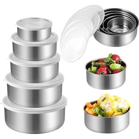 5 pièces, saladiers acier inoxydable, empilables, 280 à 1580 ml, avec couvercles étanches, cuisine quotidienne et stockage