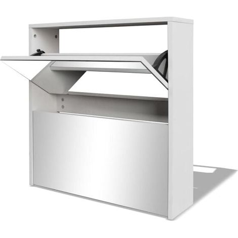 Meuble à chaussures double couche avec miroir, 63 x 17 x 67 cm, blanc (1/5)