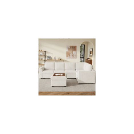 Canapé 6 places longueur 282 x hauteur 85 x profondeur 153 cm canapé d'angle en L en velours côtelé avec accoudoirs Beige (1/5)