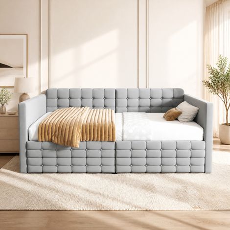 Cama individual capitoné 90 x 190 cm con almacenaje lateral y 2 cajones, gris claro, OKWISH (1/5)