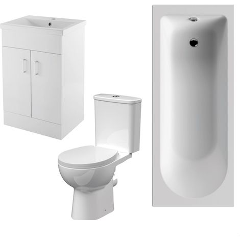 1700mm Bathroom Suite with Round Single Ended Bath Tub, Front Panel, 500mm Vanity Basin Unit and Toilet and Seat - Gloss White