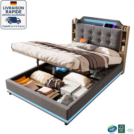 Cama con almacenaje de 140 x 200 cm - Cama para adultos de 140 x 200 cm - Estilo escandinavo - Con tira de luz LED - Múltiples compartimentos - USB + TYPE-C - Lino - Madera con certificación PEFC - Gr (1/5)
