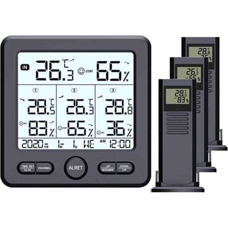 Drahtlose Wetterstation mit Uhrzeit, Kalender, Wochentag, Luftfeuchtigkeit (innen/außen), Temperatur, Temperatur- und Luftfeuchtigkeitstrends, Komfort- und Temperaturaufzeichnung