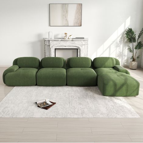 Canapé d’angle modulaire en velours côtelé vert, sans montage, avec méridienne et base antidérapante (1/5)