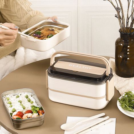 Lunchbox im japanischen Stil, entwickelt für Schüler und Büroangestellte, tragbar, mit mehreren Fächern, mikrowellengeeignet, in milchig-aprikosenfarbenem Ton. (1/5)