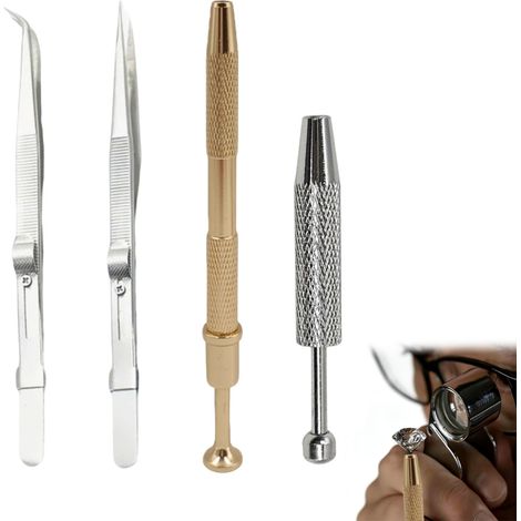Kit de 4 outils de precision pour bijoux, avec pince de prehension a 4 griffes, pince droite et pince courbee en acier inoxydable, pour perles, vis, composants fins, horlogerie et travaux minutieux (1/5)