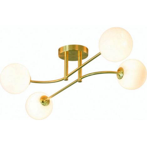 Plafonnier Otto laiton satiné, 4 globes opale, 4xG9