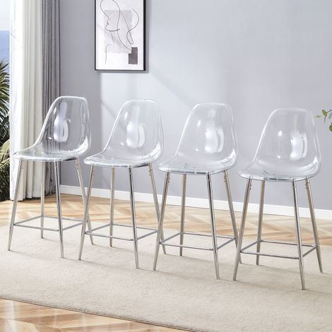 CAIziLot de 4 tabourets de bar transparents, avec structure métallique en argent/or/noir, chaises design modernes pour cuisine, bar ou salle à manger (chaises uniquement, sans table)