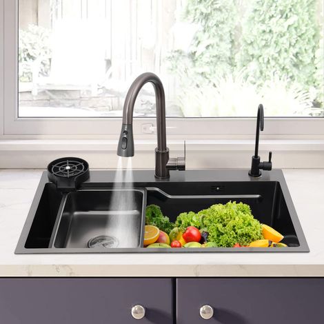Évier de cuisine, modèle cascade, évier encastré noir profond avec robinet télescopique, bac à vaisselle et distributeur de savon, en acier inoxydable, 75 x 45 x 22 cm (1/5)