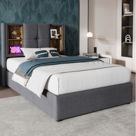 MEUBLIV Lit simple rembourré 90 x 200 cm avec recharge sans fil USB C coffre de rangement tête de lit avec étagères ouvertes coton gris (1/5)