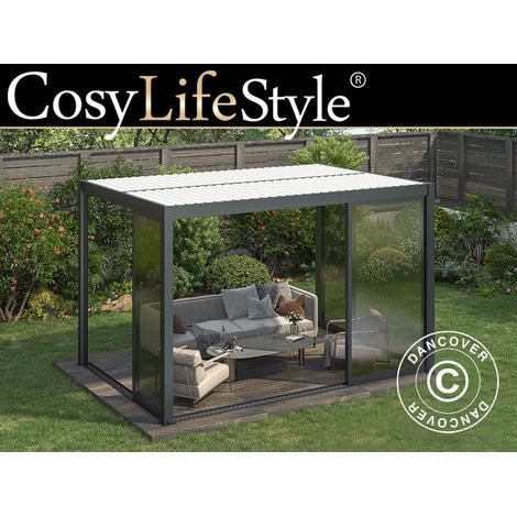 Bioklimatischer Pergola-Pavillon San Pablo Alu+ mit Schiebetüren, 3x4m, Schwarz/Weiß - Dancover
