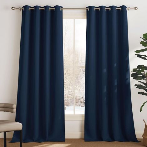Lot de 2 Rideau Occultant Thermique Isolant Anti Froid et Chaleur 132x92 (lxH) Tenture Opaque à Oeillets Isolation Lumiere Uv Decoration Chambre Maison Salon Intérieurs, Bleu Foncé (1/5)