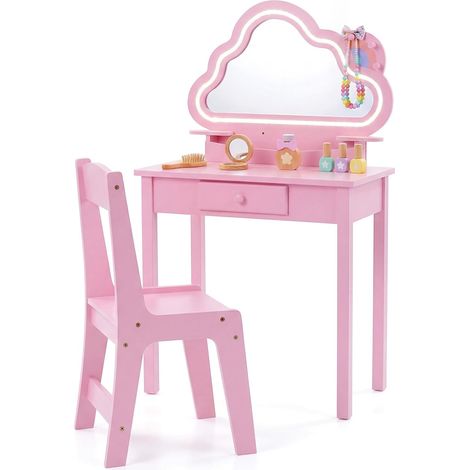 Coiffeuse Enfant en Forme Nauge avec Chaise & Miroir Éclairé LED, Bureau Enfant Étagère & Tiroirs & Crochets, Charge 50/75kg 3-6 (Rose) (1/5)