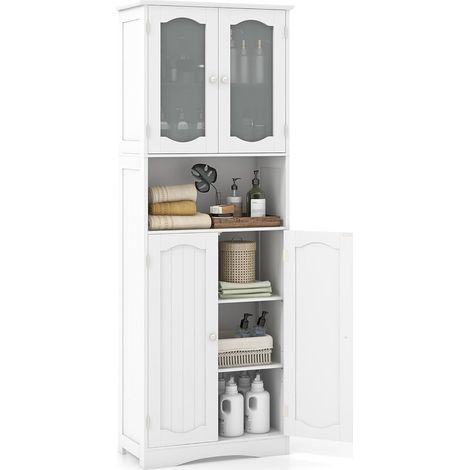COSTWAY Armadietto Salvaspazio 60 x 30 x 164cm, Mobile Bagno con Scomparti Aperti, Ripiani Regolabili e 2 Porte in Vetro Temprato, Armadio da Bagno per Ufficio, Soggiorno e Camera da Letto, Bianco (1/5)