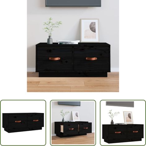 vidaXL Bois de pin massif - Meuble TV Noir 80x34x35 cm Bois de pin massif (1/5)