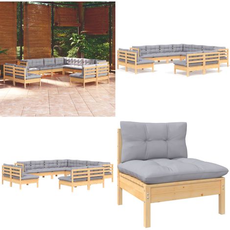 Salon de jardin 11 pcs avec coussins gris bois de pin solide - salon de jardin - salons de jardin - Home & Living (1/5)