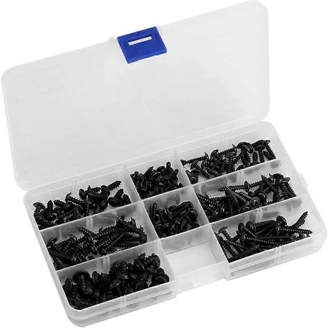 Set mit 200 selbstschneidenden Rundkopfschrauben aus schwarzem Edelstahl, in transparenter Box