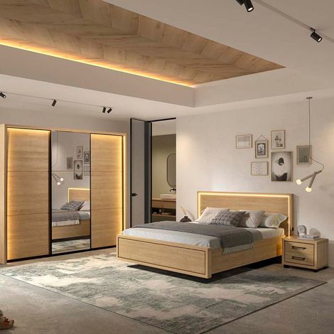 Chambre lit 140x190cm avec éclairage led + 2 chevets + armoire aspect bois et noir - LUDY