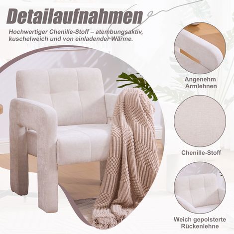 Fauteuil relax d’appoint en chenille – Assise rembourrée confortable – Style nordique minimaliste – Pour salon chambre et bureau - Beige