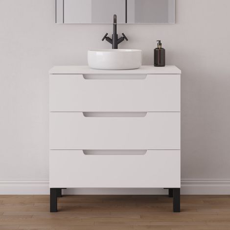 Meuble de salle de bain 60cm avec plateau et vasque à poser ronde - sans miroir - 3 tiroirs - blanc mat - RIZA (1/5)