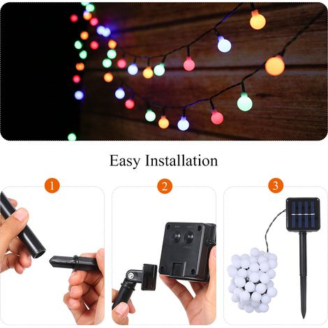 Guirlande lumineuse solaire à 50 LED, étanche IP44, idéale pour l'extérieur : décoration intérieure, guirlandes lumineuses à boules pour les fêtes, salon, jardin, terrasse, RGB (1/5)