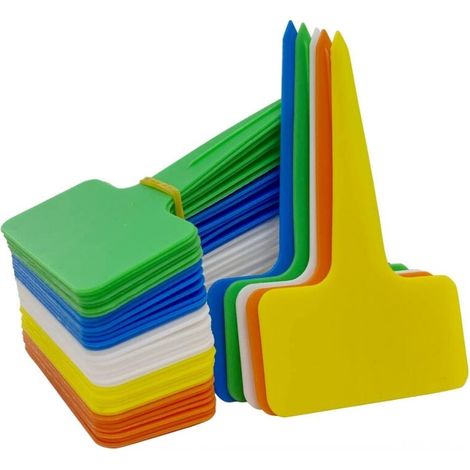 ZVD - Lot de 100 étiquettes de jardin en plastique pour plantes d'extérieur, type T, avec stylo étanche, réutilisables, 10 x 6 cm (multicolores) (1/4)