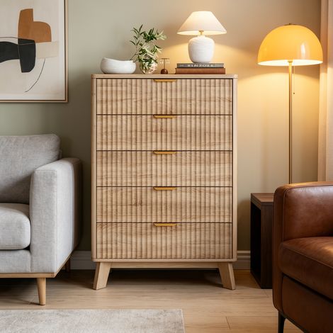 Commode Chambre avec 5 tiroirs, Armoire de Rangement Multifonctionnel avec Poignées Métal et Pieds Bois, Commode Moderne pour Entrée Salon, 73x40x108cm (1/5)