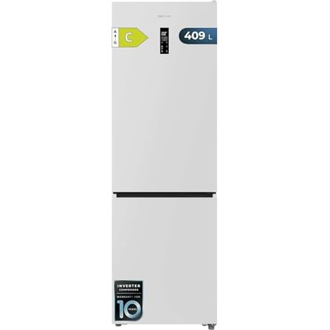 Frigorifero combinato inox, alto 185,5 cm e largo 59,5 cm, con capacità di 322 litri, compressore Inverter Plus, Total No Frost, distributore d'acqua, classe energetica E e sistema Multi Air Flow.