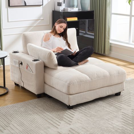 Fauteuil lounge 140 x 112 x 81 cm - Velours côtelé beige - USB, porte-gobelets (1/5)