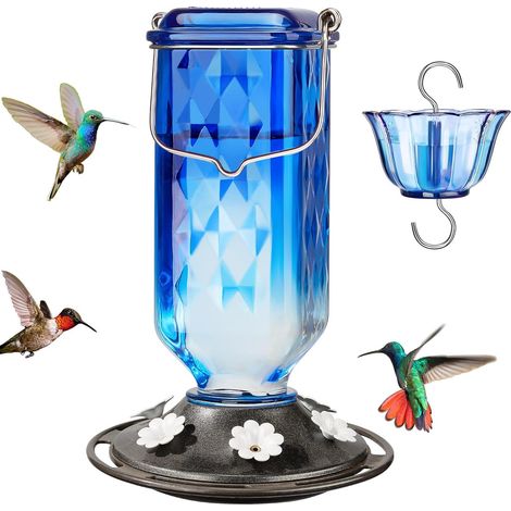 Mangeoire à oiseaux en verre bleu, 710 ml, 6 trous, récipient pour la nourriture ou l'eau dans les cages et les zones d'élevage domestiques.-AquaForge (1/5)