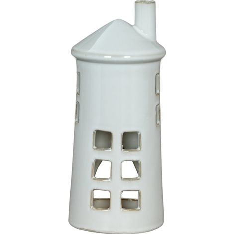 Rhea Large Lighthouse Tealight Candle Holder - Ceramic - L11 x W11 x H28 cm - White