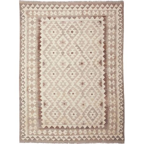 Tapis d'orient 154 x 210 cm, motif géométrique, beige, crème et marron, en laine, tissé à plat, artisanal (1/5)