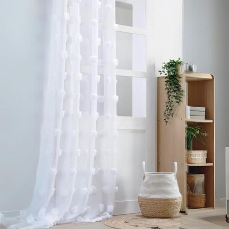 Homemaison – Voilage pompons brodés blanc 140x260 cm – 100% polyester – 8 œillets ronds argent – Prêt à poser pour ambiance ethno bohème (1/3)