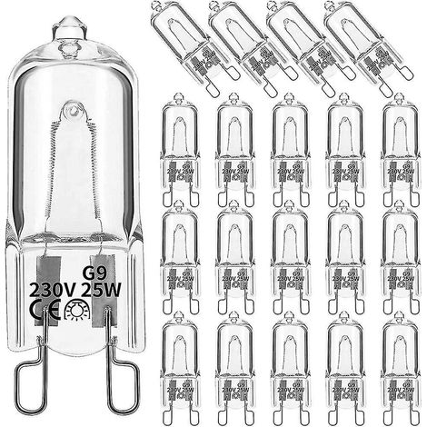 20 ampoules halogènes G9, 25W transparentes, variateur compatible, blanc chaud 2800K, idéales pour lustres et suspensions. (1/4)