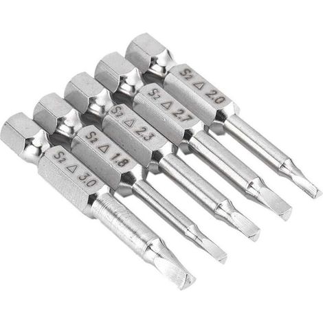 5-piece magnetic screwdriver bit set with triangular head, S2 steel, 1.8 mm, 2 mm, 2.3 mm, 2.7 mm, 3 mm, 6.35 mm hexagon shank, 50 mm length