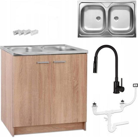 STAMAR  Küchenunterschrank 80x50 - Sonoma Eiche - 2-Komponenten Spüle - Flexibler Wasserhahn