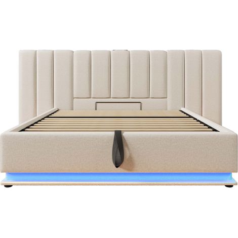 Polsterbett 180x200 cm mit H3-Matratze, Lattenrost, LED, USB & USB-C, Beige HOMVRA (1/5)