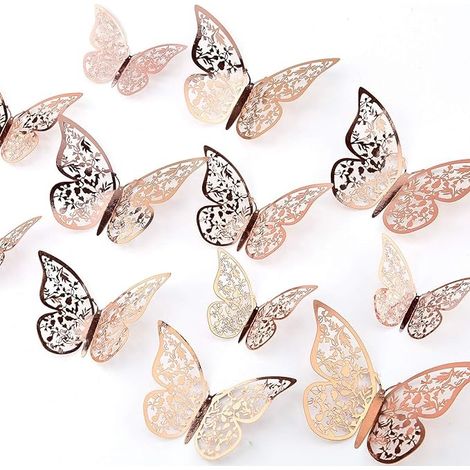 Or rose, 24 autocollants papillons 3D de 3 tailles différentes pour décorer les murs de votre chambre ou pour une fête. (1/5)