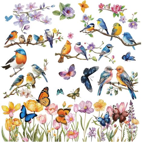 8 Feuille D'Autocollants Muraux Oiseaux Fleurs et Papillons en PVC Imperméables Amovibles pour Décoration de Fenêtre Escalier Cadeau de Pendaison de Crémaillère