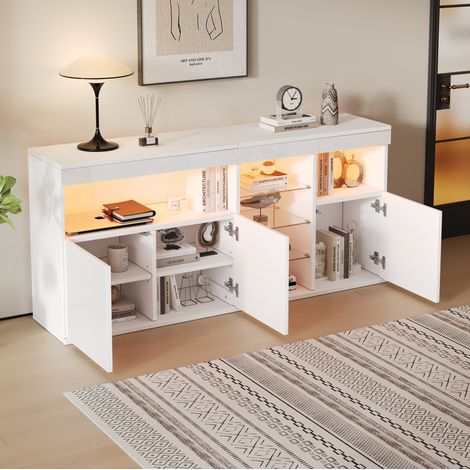 Aparador 155.5x35x72 cm blanco en vidrio y tablero de partículas con LED y 3 puertas (1/5)
