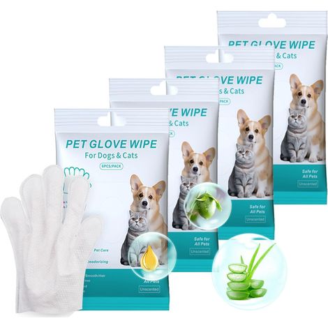 Pet Gloves Wipes, 4 Packs of 24 Pieces, Fragrance-Free, Daily Cleaning for Dogs and Cats, Single Use (1/5)
