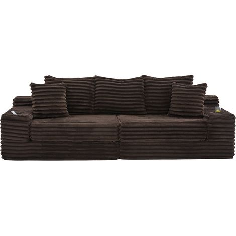Canapé en velours côtelé avec dossier haut, coussins supplémentaires et porte-gobelets, convertible en canapé-lit - marron café (1/5)