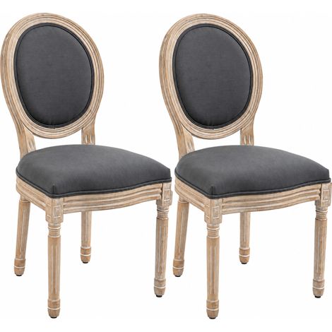 Lot de 2 chaises de médaillon - HOMCOM - chaises de salle à manger style Louis XVI - rembourrées tissu effet lin - 49x56x96cm - gris (1/5)