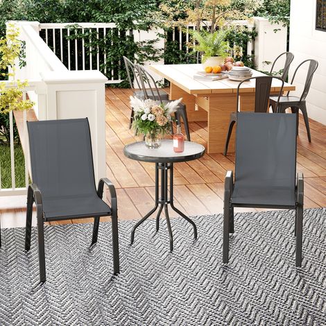 3 pièces gris foncé salon de jardin extérieur ensemble de meubles 2 fauteuils empilables table basse dessus verre trempé